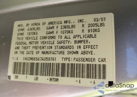 2007 Honda Accord 3.0 Ex из США, поврежденный, VIN 1HGCM66547A059761